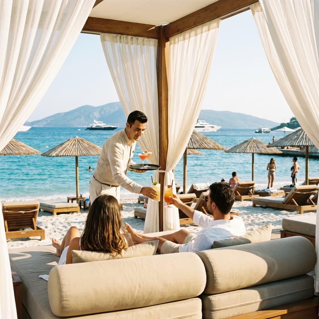 Premium beach service with cocktails and cabana at Mediterranean resort