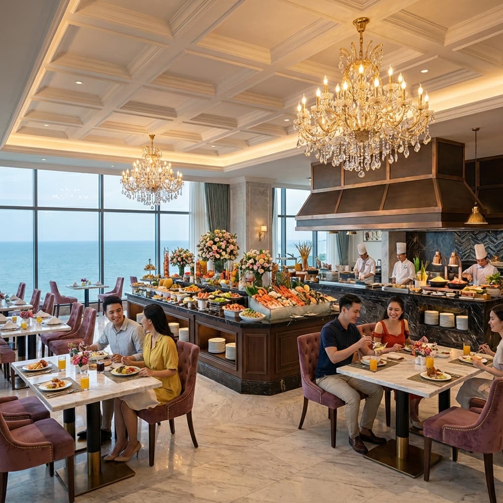 Elegant hotel buffet restaurant with chandelier and sea view dining